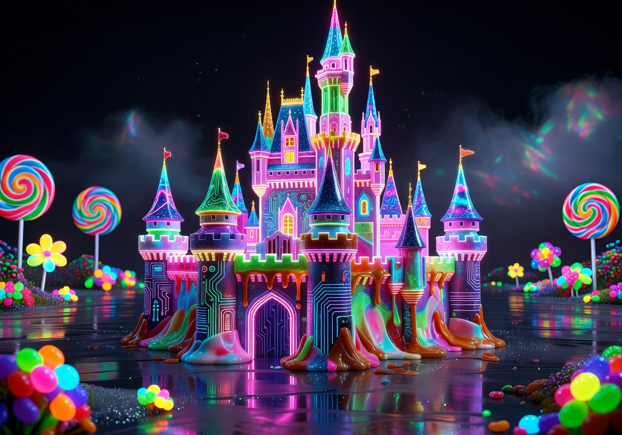 Interactive neon-lit candy castle illustration demonstrating premium digital dessert gaming art of Beaconteamhang